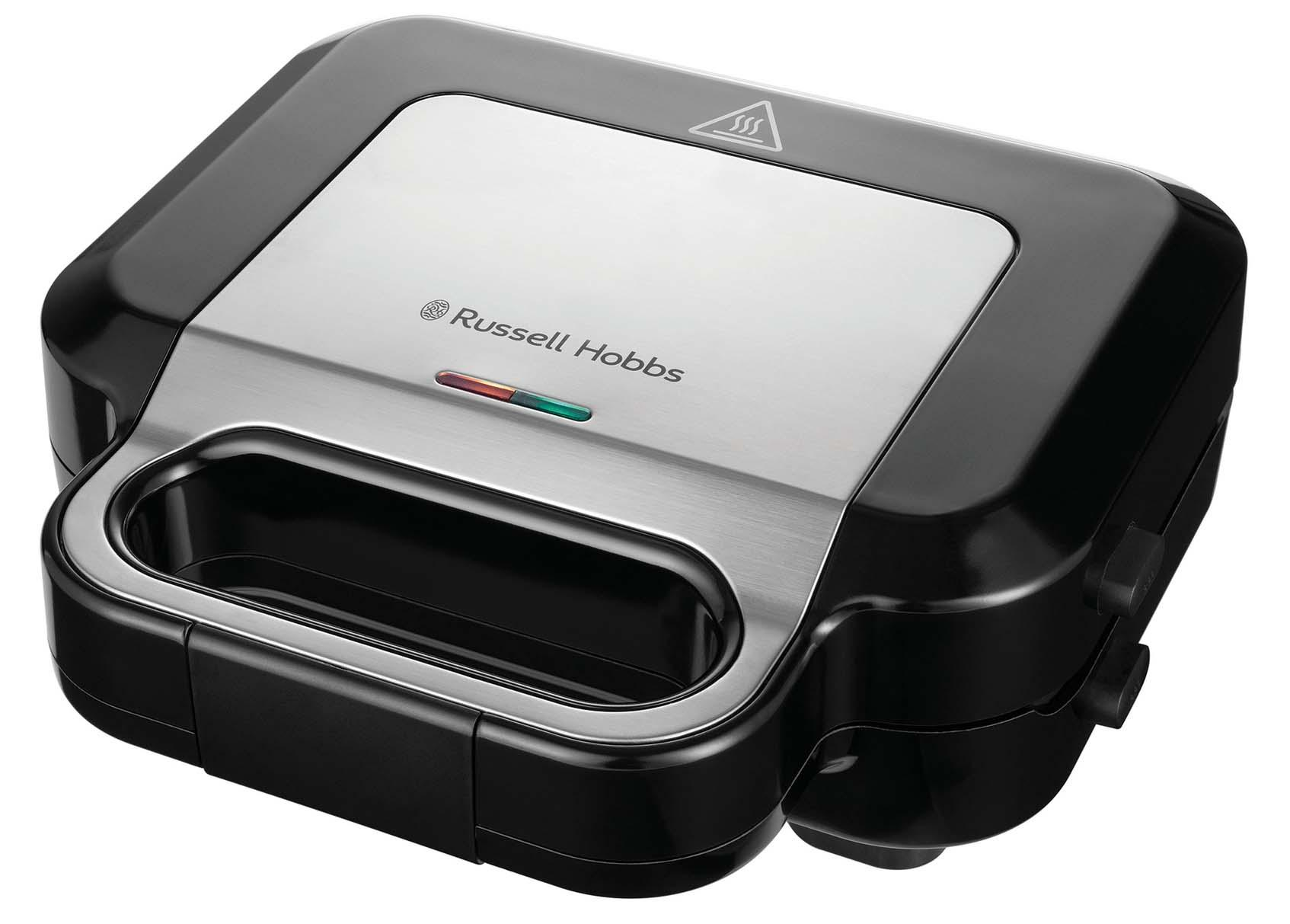Czarno-srebrna opiekacz do kanapek Russell Hobbs. Posiada czerwoną i zieloną lampkę kontrolną.
