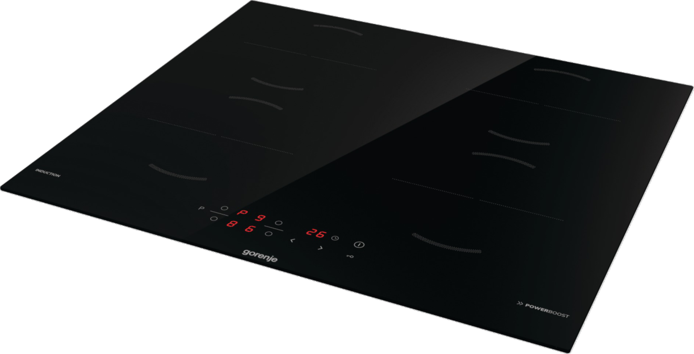 Czarna płyta indukcyjna z czerwonym wyświetlaczem i strefami gotowania.