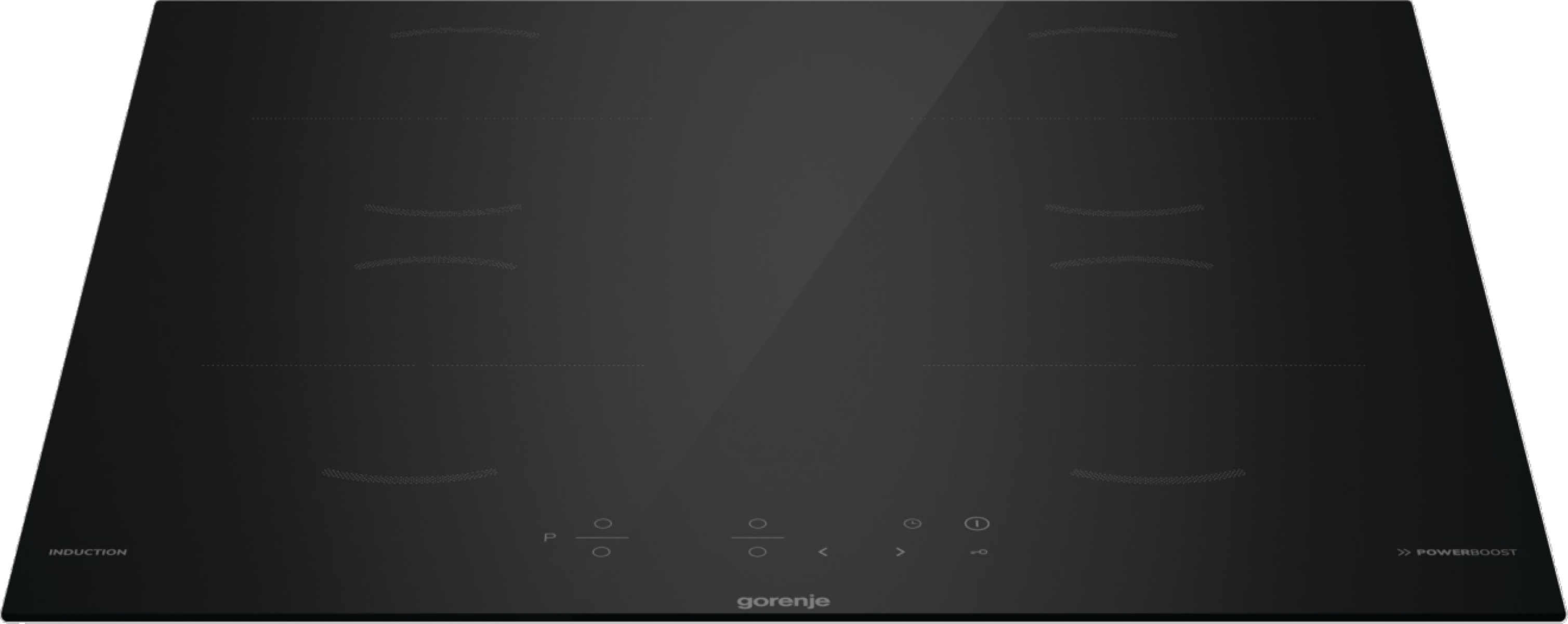 Czarna płyta indukcyjna z czterema strefami gotowania, szklana powierzchnia.