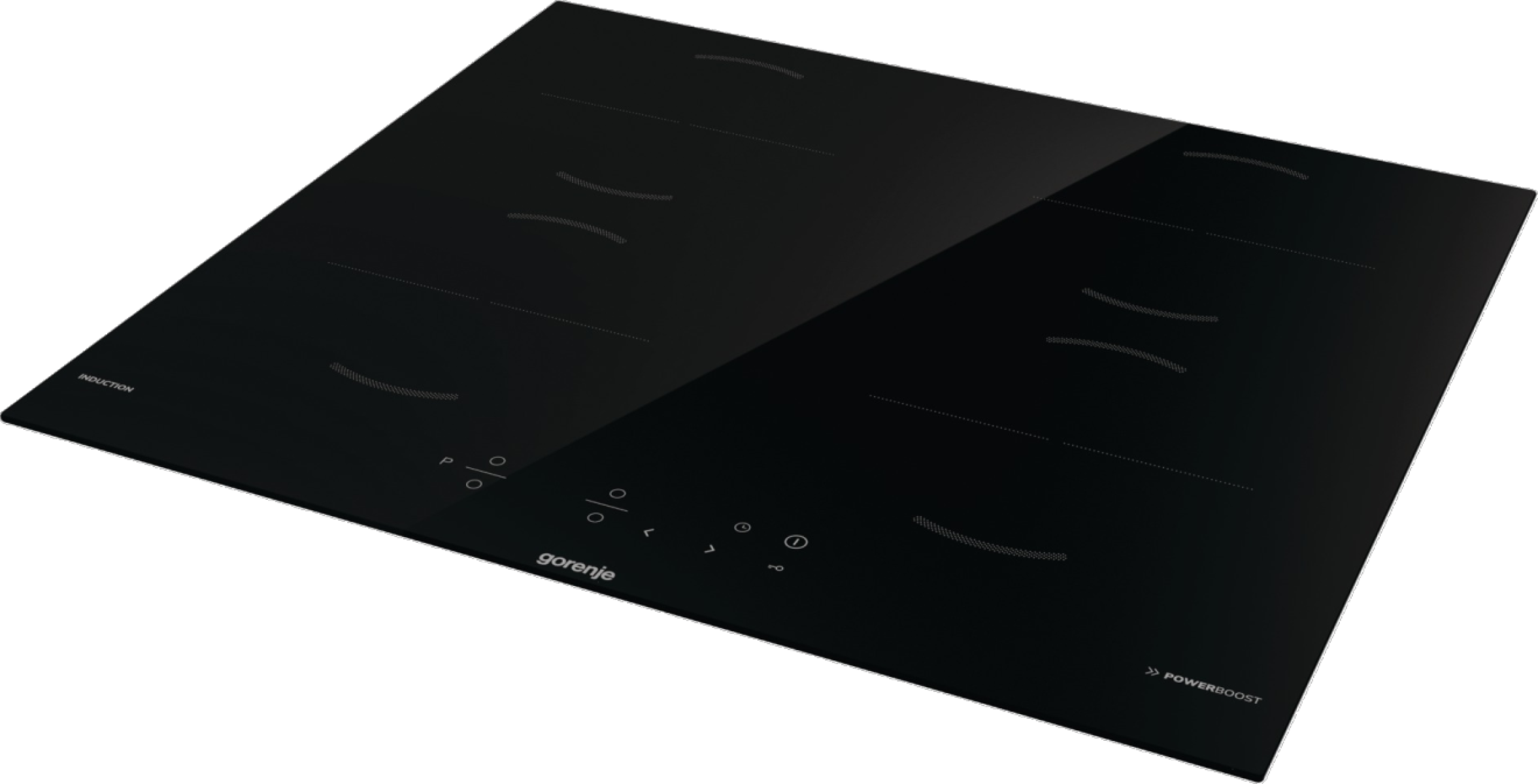 Czarna płyta indukcyjna z panelem sterowania. Marka Gorenje. Widok ukośny.