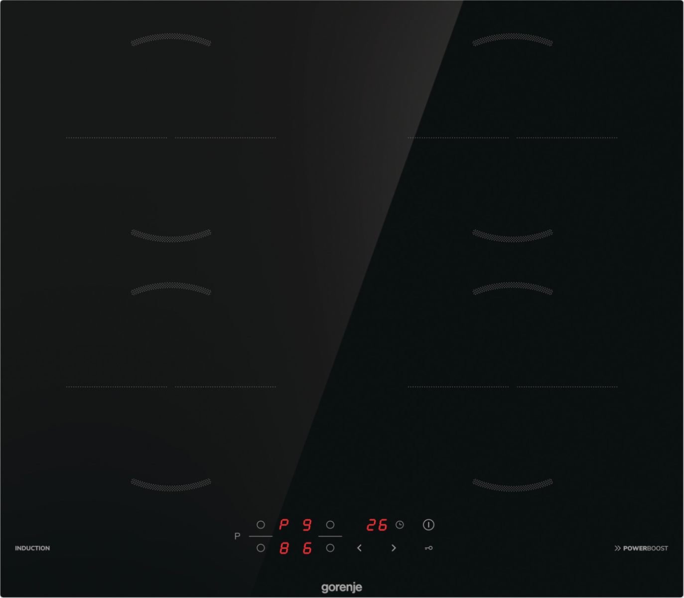 Czarna płyta indukcyjna z sześcioma strefami gotowania i sterowaniem dotykowym.