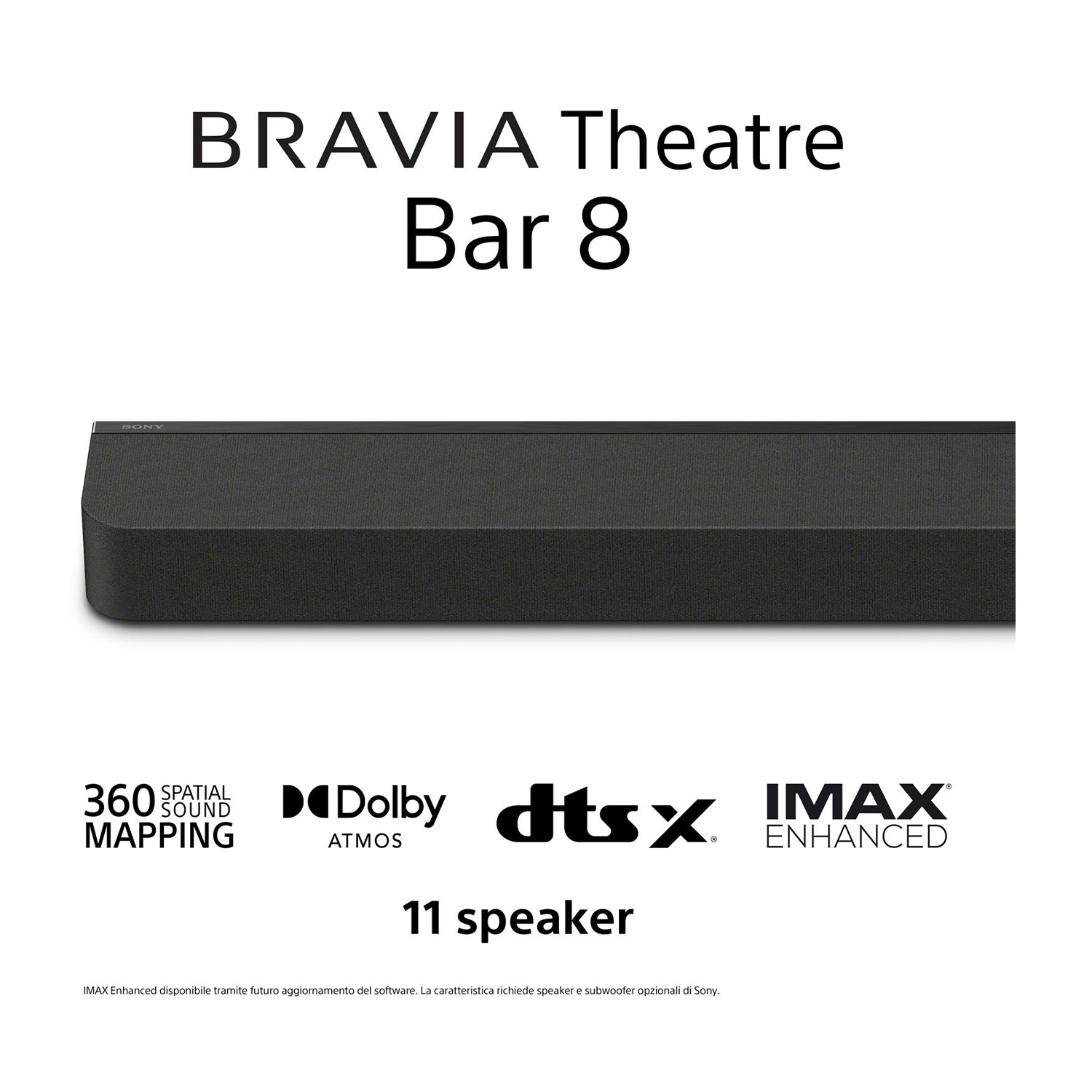Una soundbar nera con il marchio Sony e il testo 'BRAVIA Theatre Bar 8'.