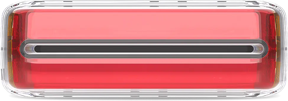 Eine Draufsicht auf eine rote Powerbank mit schwarzem Power-Knopf und schwarzem Ladeanschluss.