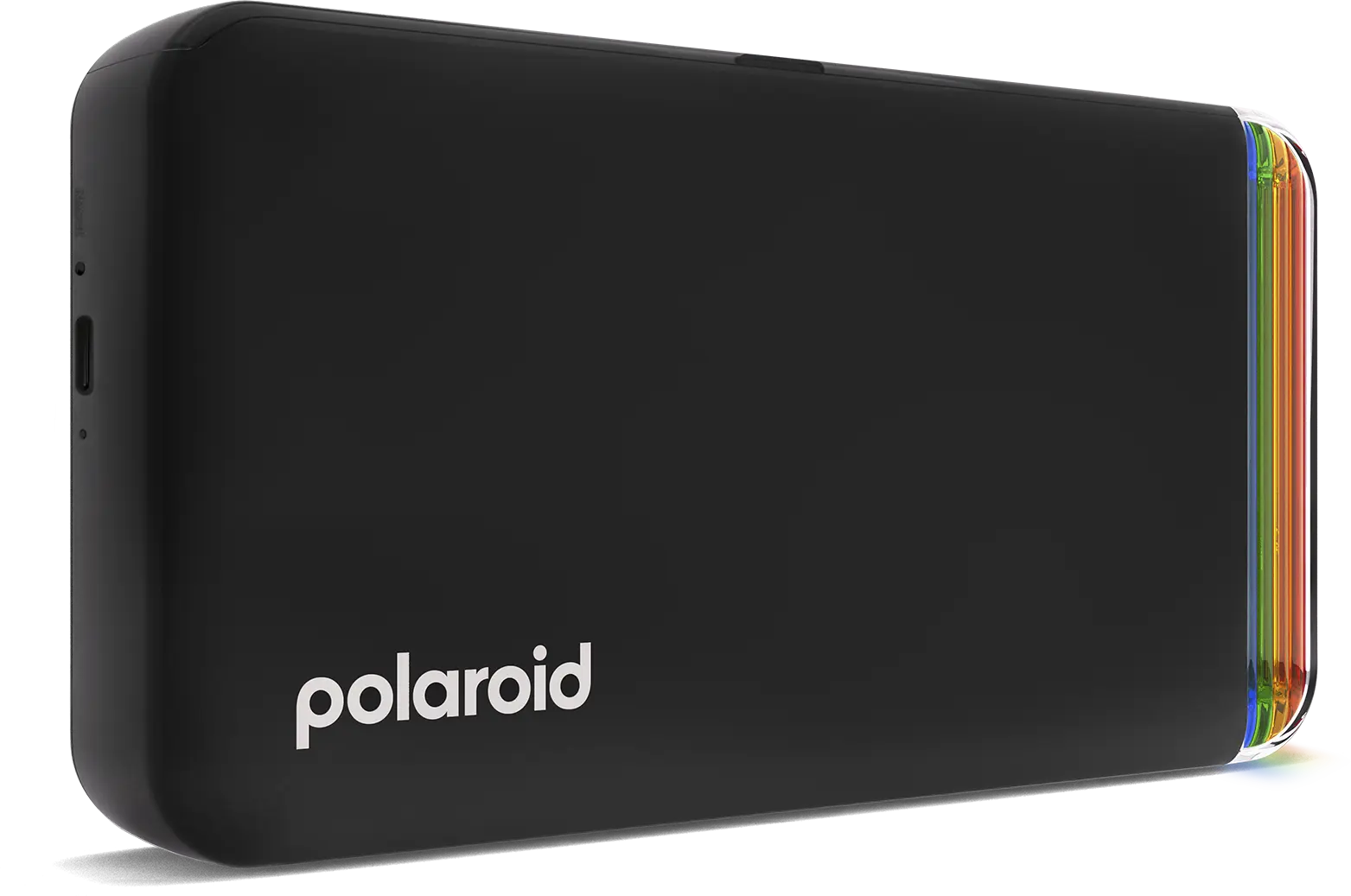 Schwarze Polaroid-Kamera mit Regenbogenstreifen an der Seite.