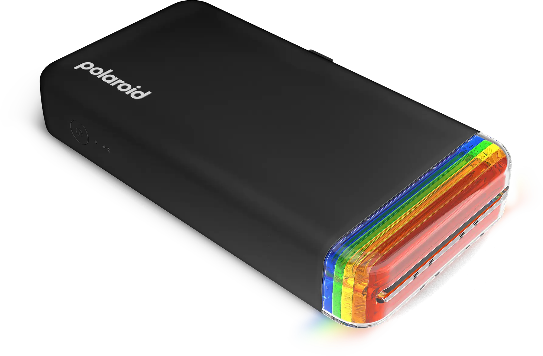 Schwarze Polaroid Powerbank mit Regenbogen-Lichtleiste. Das Polaroid-Logo befindet sich oben.
