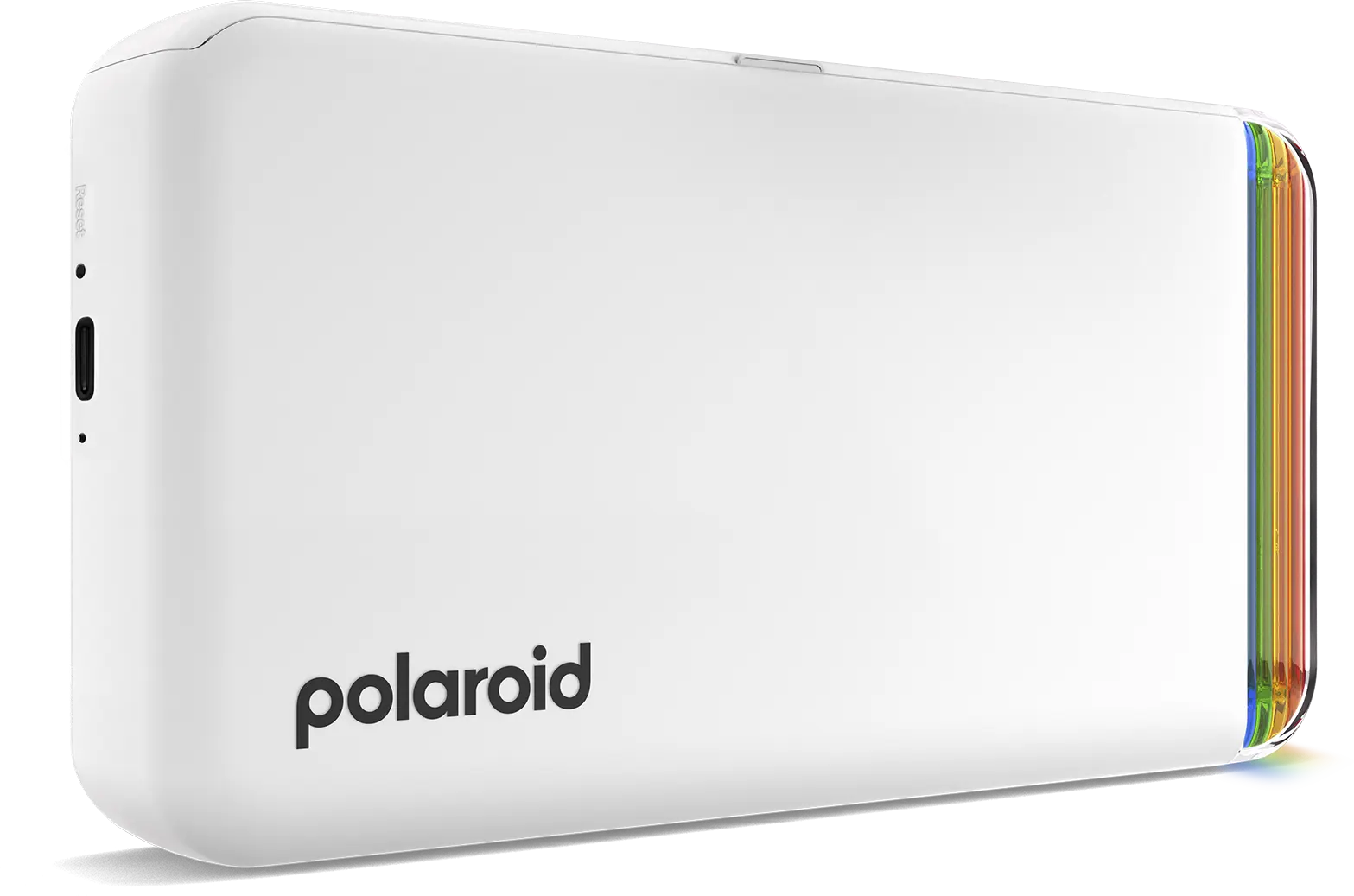 Weiße Polaroid-Kamera mit Regenbogenfarben am Rand und schwarzem Polaroid-Logo.