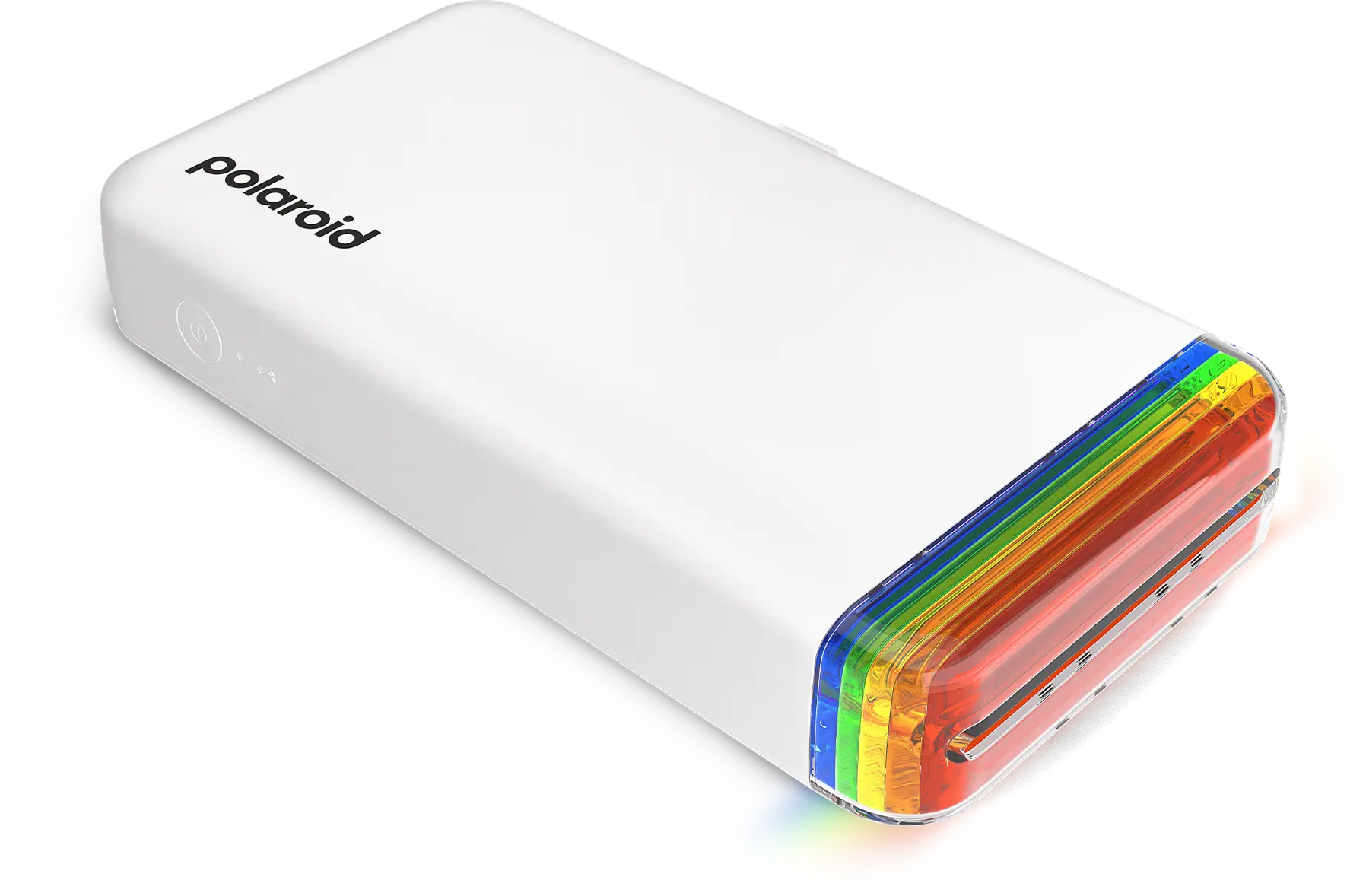 Weiße Polaroid-Kamera mit Regenbogenkante. Schwarzes Logo oben. Produkt auf schwarzem Hintergrund.