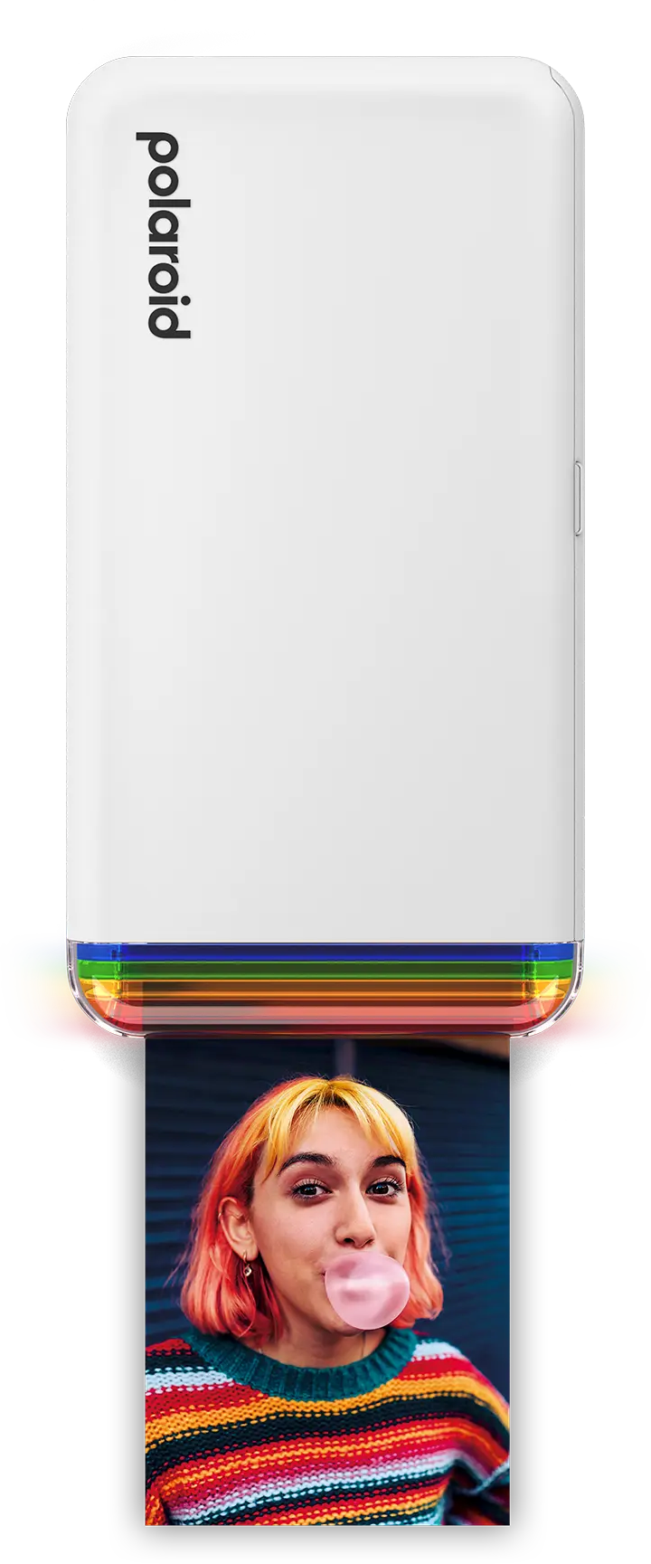 Polaroid-Drucker, der ein Foto einer Frau druckt. Regenbogen-Rahmen.