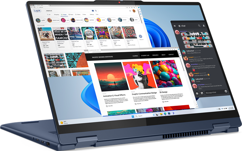 Laptop zeigt Suchergebnisse, ein Chat-Fenster und eine Designanwendungsoberfläche.