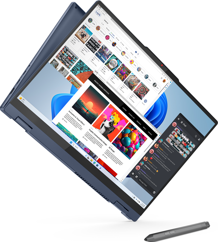 Laptop mit geöffnetem Bildschirm, verschiedene offene Fenster zeigend und ein Stift auf dunklem Hintergrund.