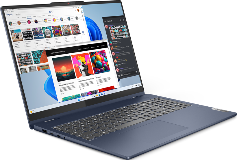 Blauer Laptop, der mehrere Browserfenster mit Websites anzeigt.