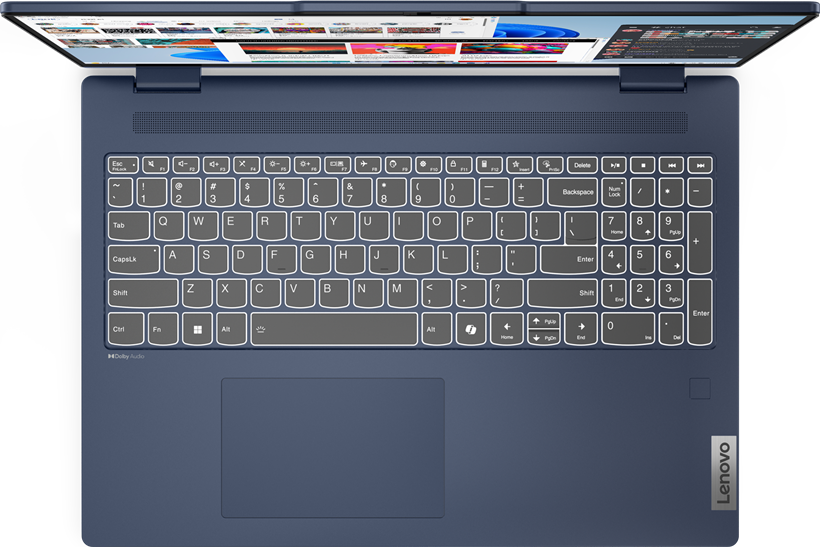 Laptop-Tastatur, Draufsicht, blaues Gehäuse, weiße Tasten, schwarzer Rahmen.