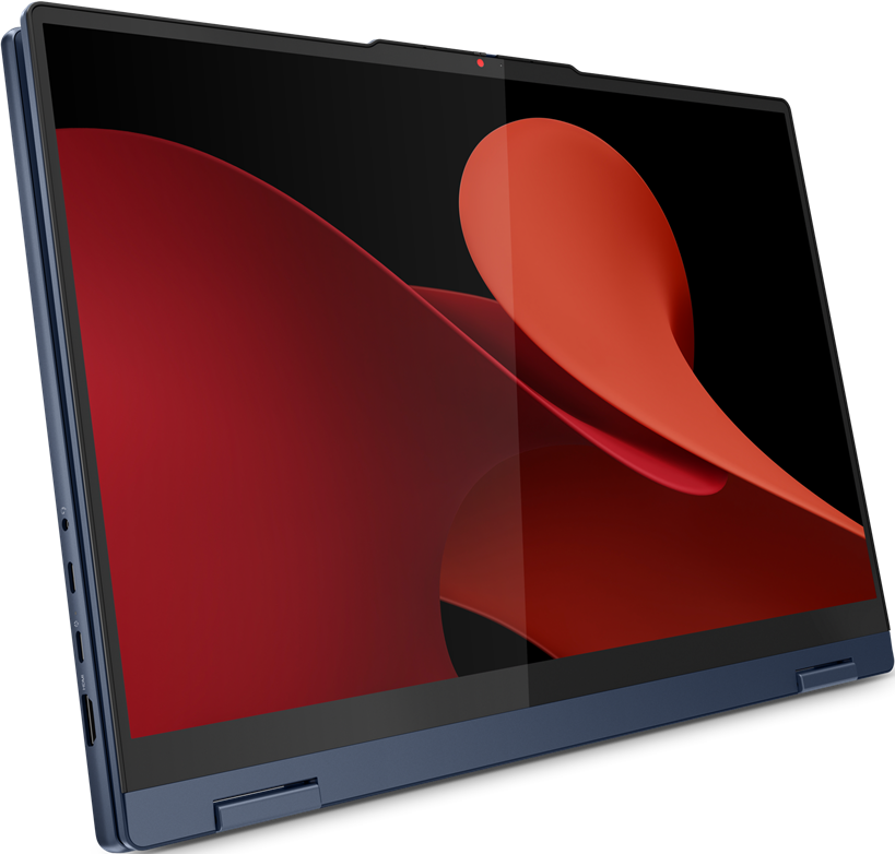 Laptop mit dunkelblauem Rahmen, geöffnet, zeigt ein abstraktes rotes und schwarzes Bild auf dem Bildschirm.
