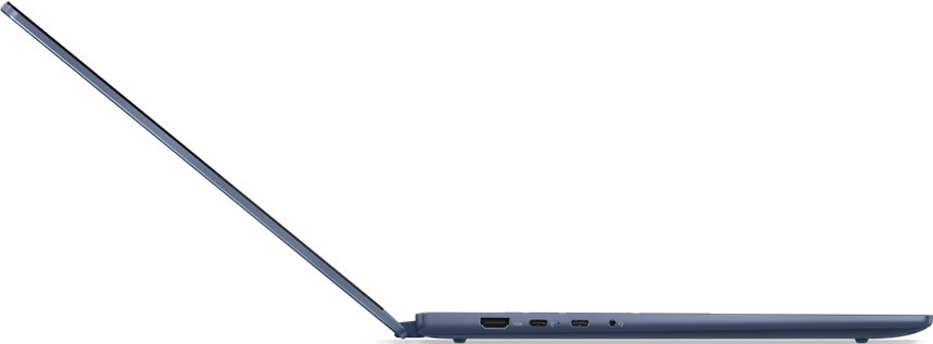 Seitenansicht eines blauen Laptops mit hochgeklapptem Bildschirm.