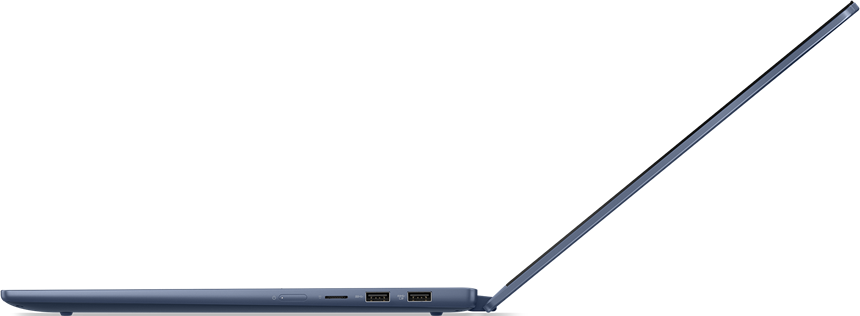 Die Seitenansicht eines blauen Laptops in geöffneter Position, die den Bildschirm und die Tastatur zeigt.