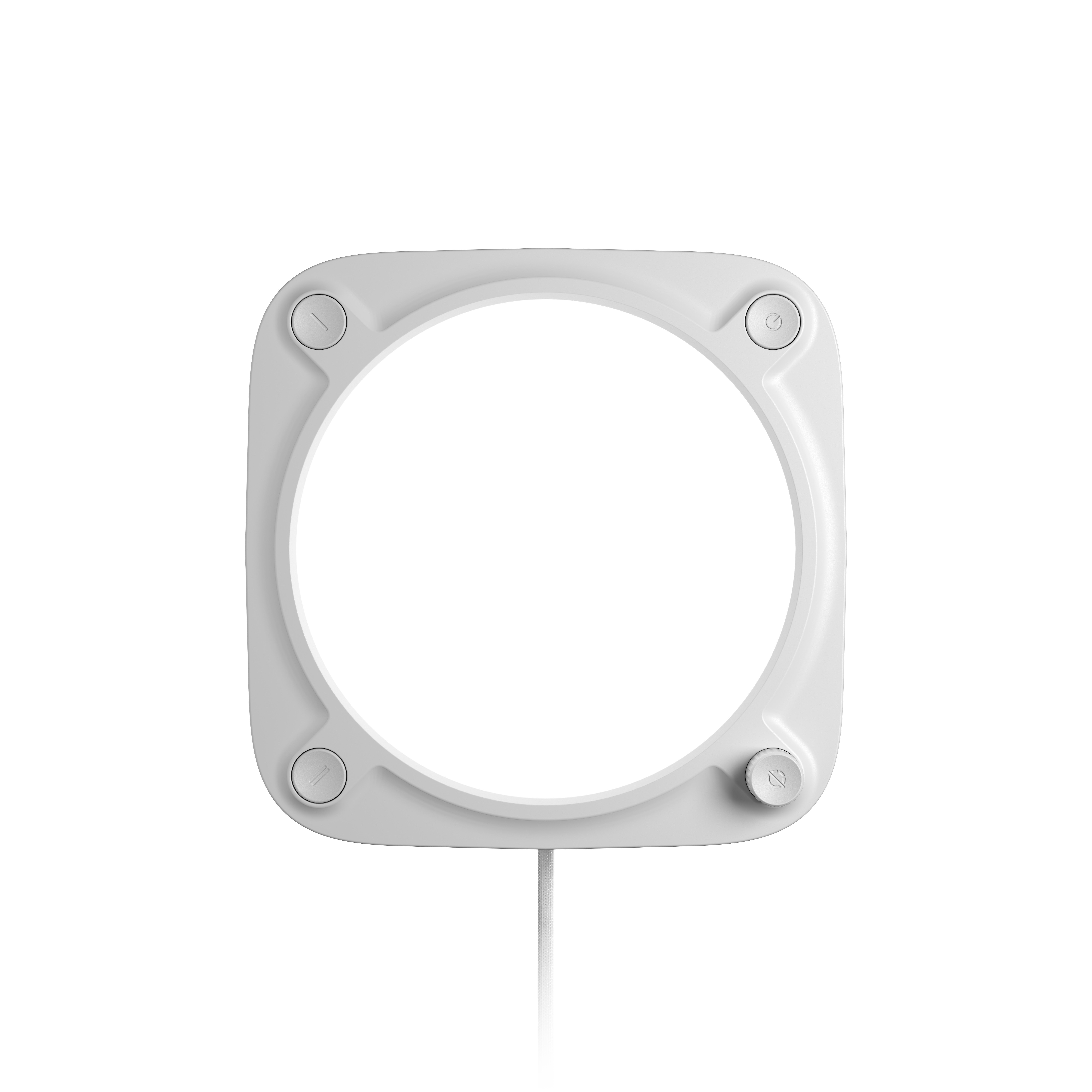 Weißes, quadratisches Ringlicht mit vier Bedienelementen und einem Kabel, von vorne gesehen.