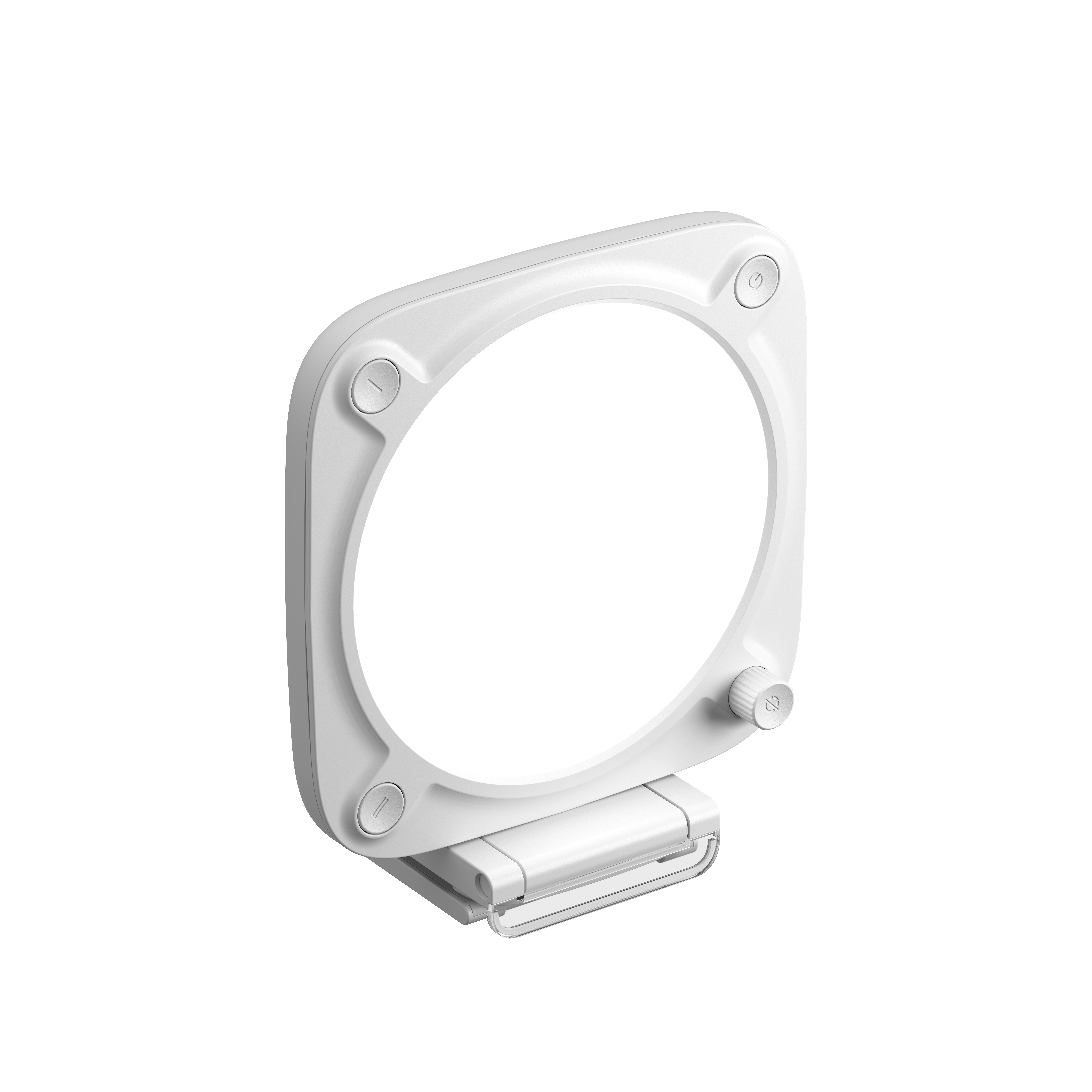 Weißes, quadratisches LED-Ringlicht mit Steuertasten und einem schwenkbaren Sockel.