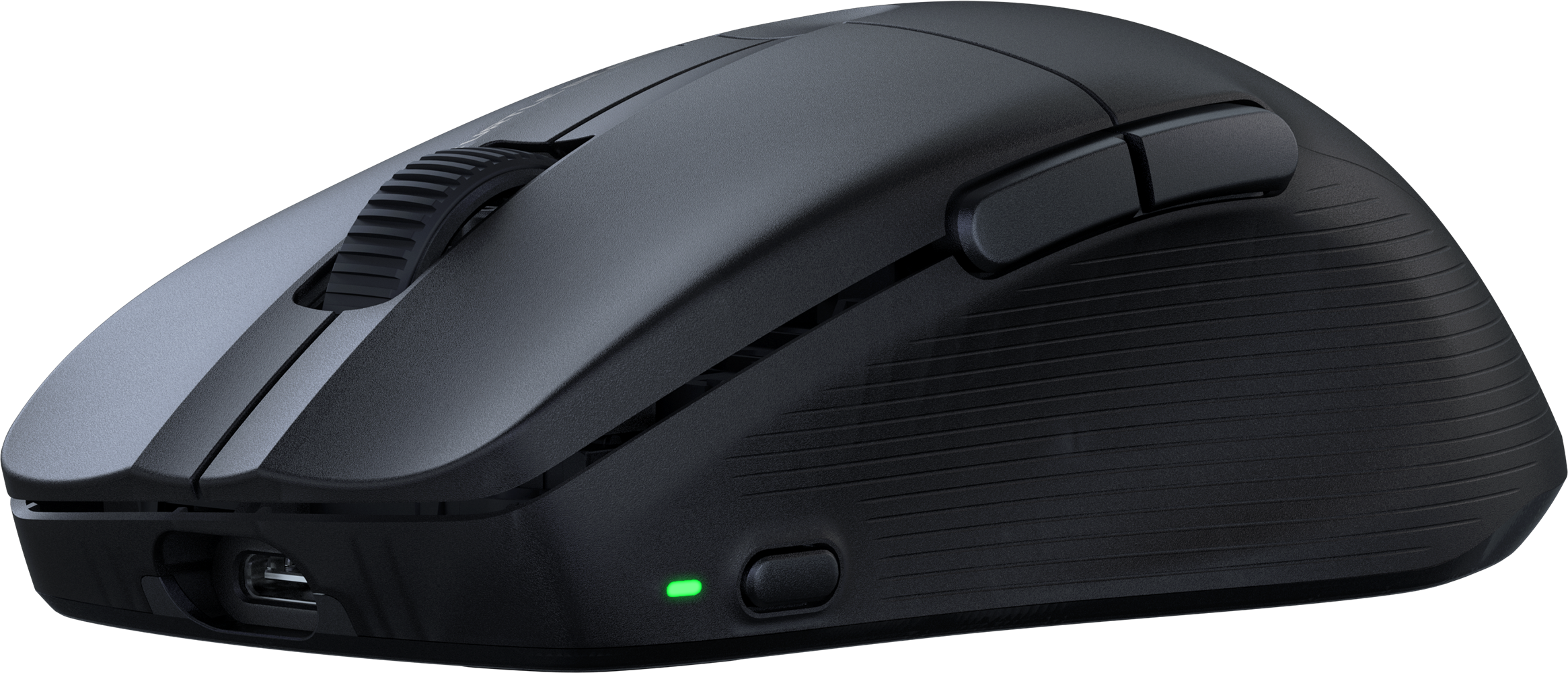 Mouse nero con rotella e pulsanti, vista angolata, sfondo nero.