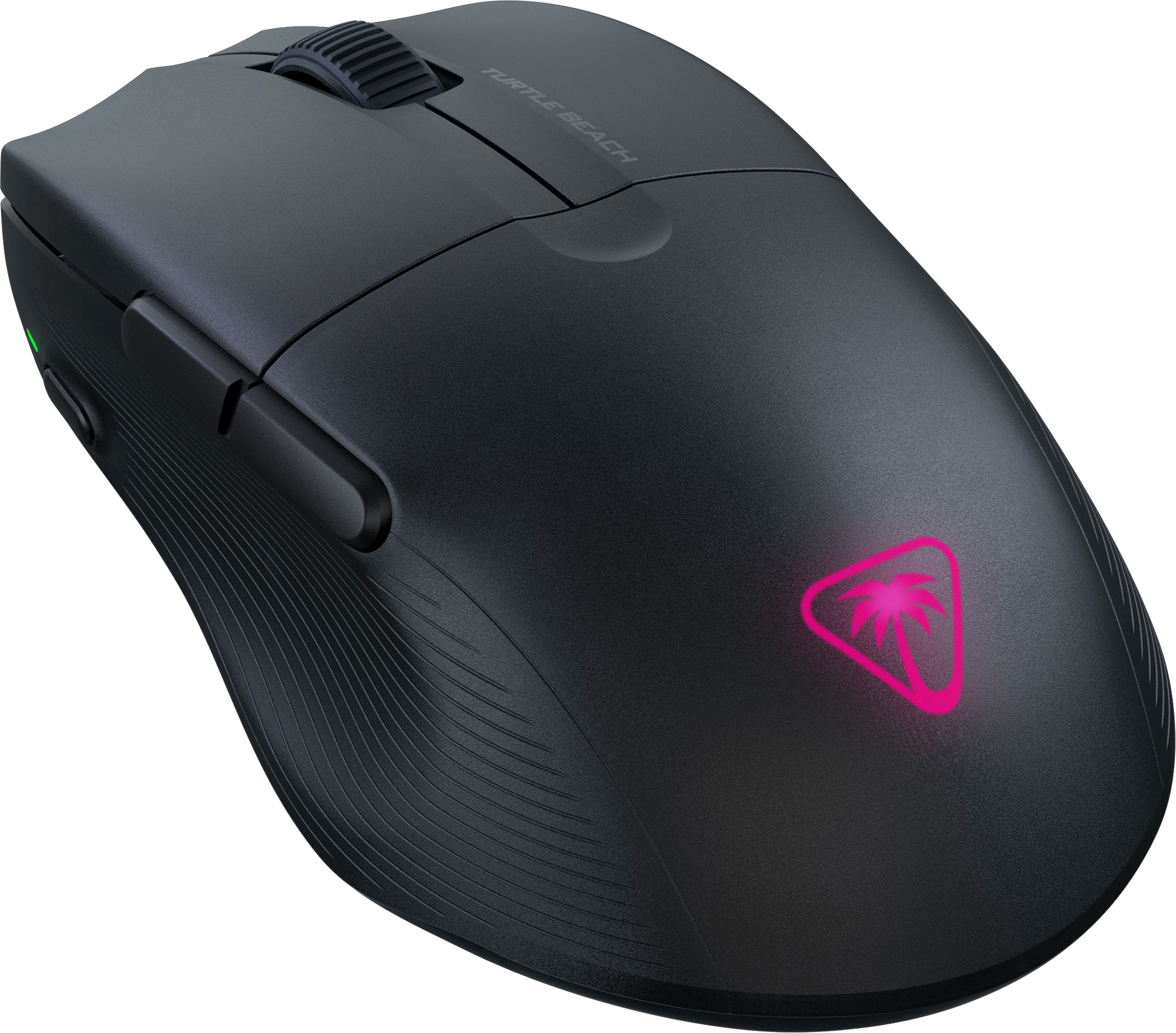 Un mouse da gaming Turtle Beach nero con un logo rosa.