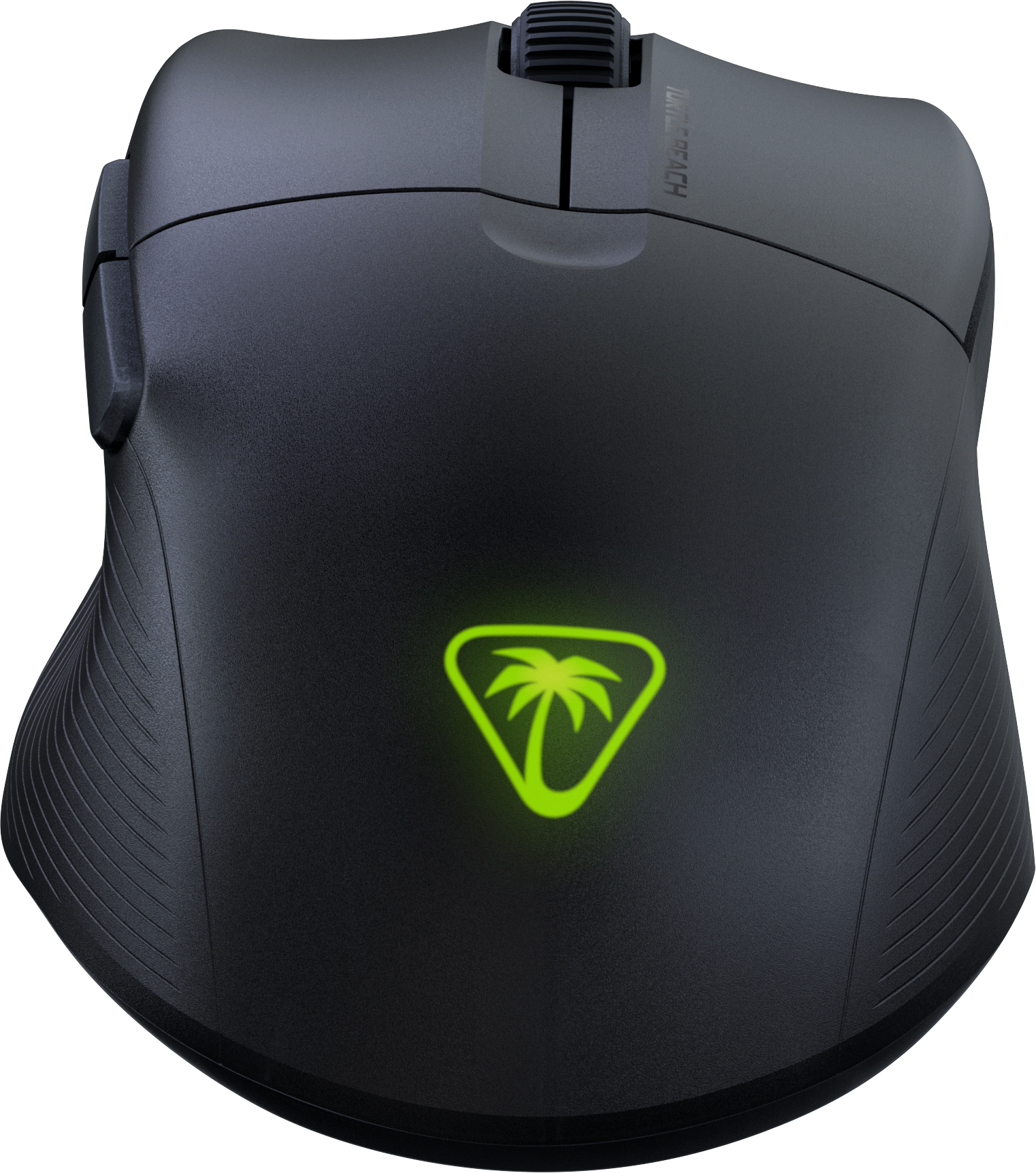 Mouse da gioco nero con logo e pulsanti illuminati di verde, posizionato per l'uso.