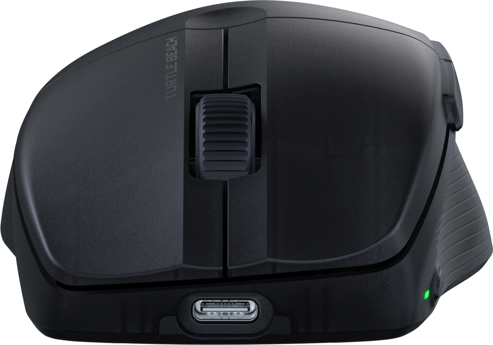 Mouse Turtle Beach nero. Ha una rotella di scorrimento e pulsanti e una porta USB-C. Il logo è sul lato.