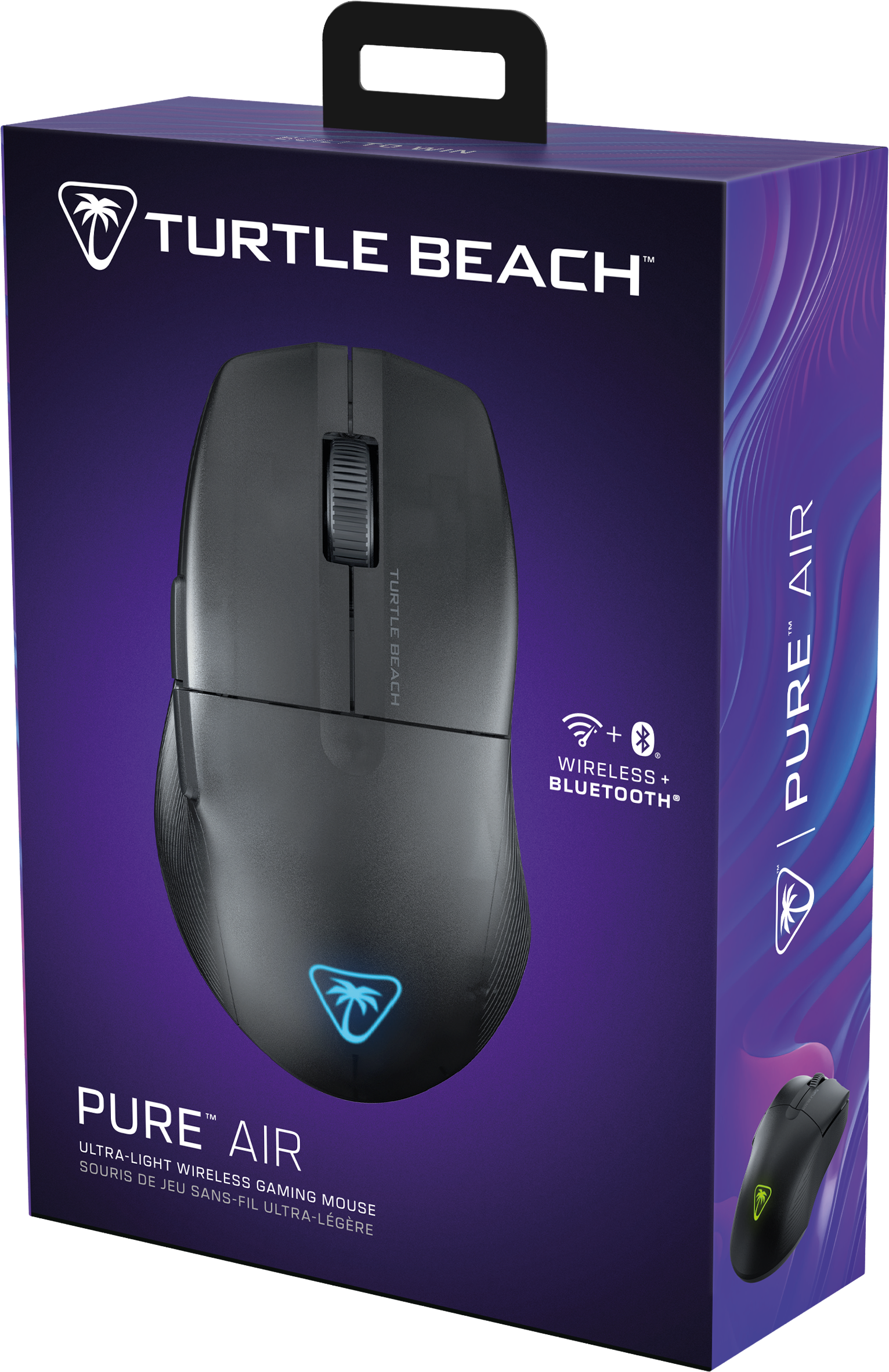 Un mouse da gioco nero in una scatola viola con il testo 'Turtle Beach' e 'Pure Air'.