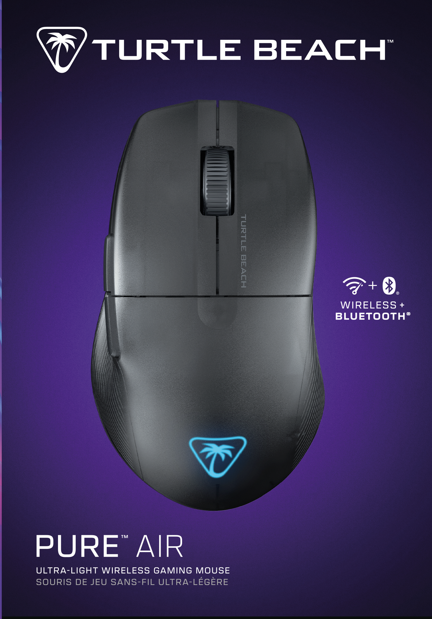 Mouse da gioco nero con rotella e logo palma, su sfondo sfumato viola. Wireless + Bluetooth.