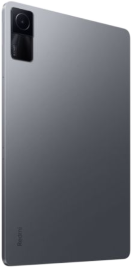 Szürke tablet kameramodullal a hátulján. Szögletes nézet. Fehér háttér.