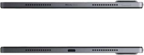 Tablet, oldalsó nézet, hangszórókkal és töltőporttal.