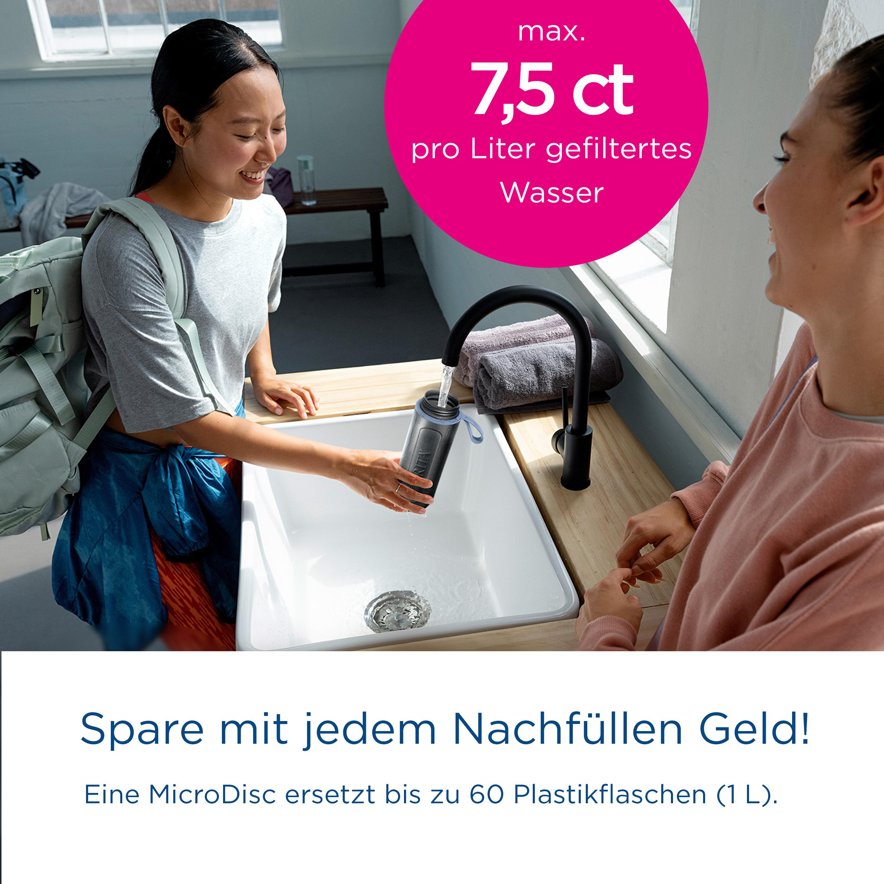 Zwei Frauen in einer Küche, eine füllt eine Flasche mit Wasser aus einem Wasserhahn. Text: Sparen bei jeder Nachfüllung.
