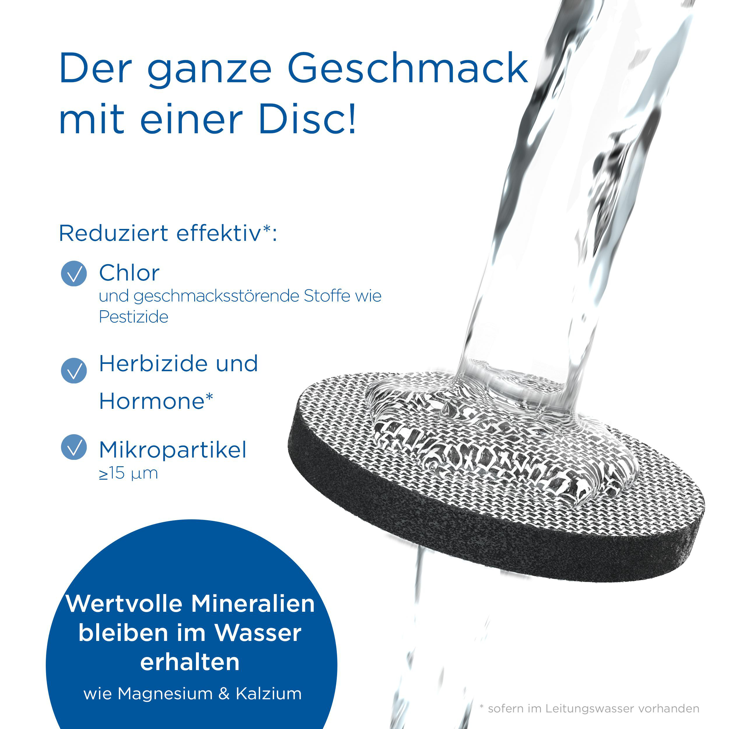 Ein Glas Wasser mit einer Filter-Disc darin, mit Text über Mineralien.