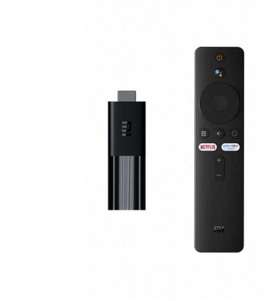 Egy fekete Mi TV Stick és távirányító fehér háttéren.
