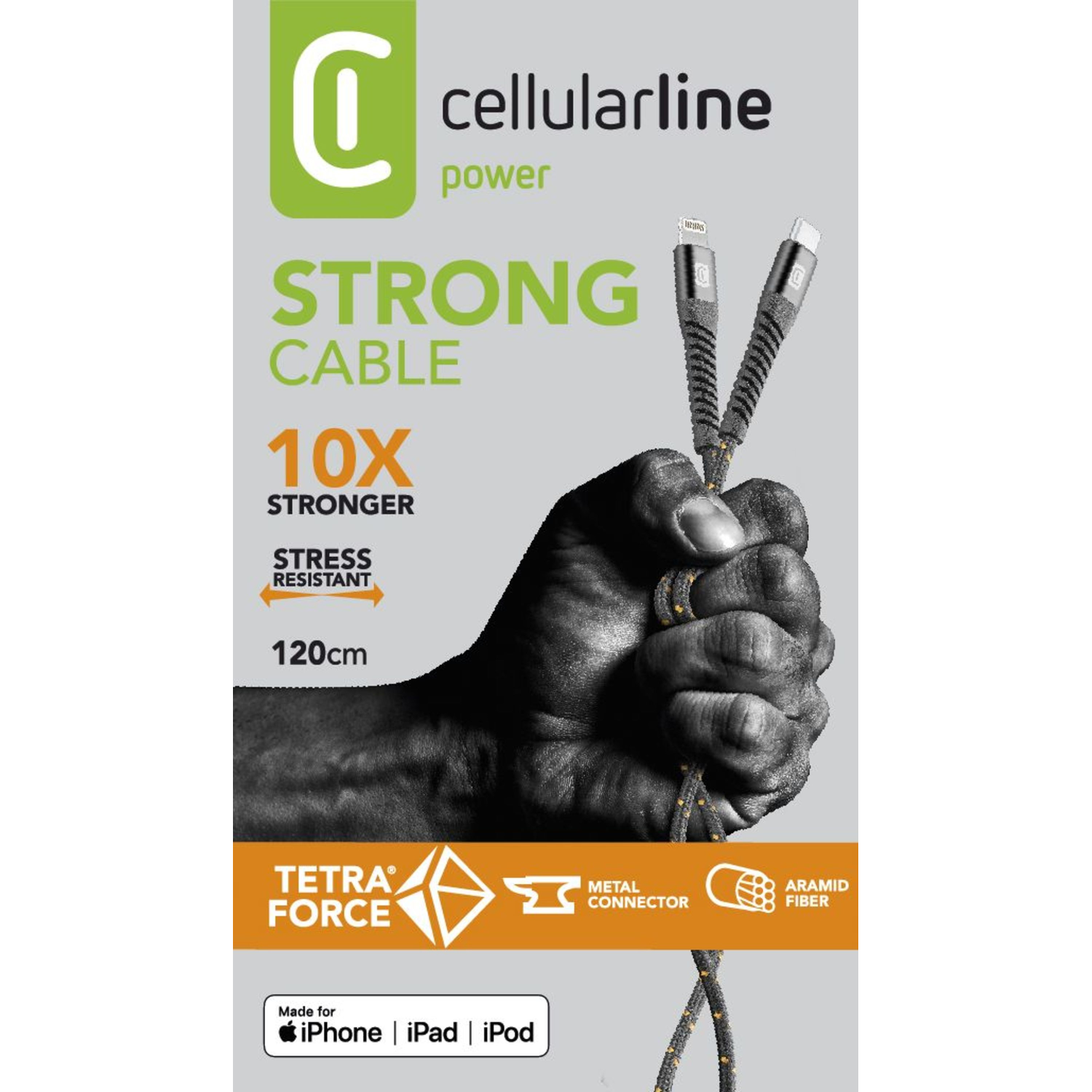 Black and gray phone charging cable with text, a fist, and a lightning bolt icon.