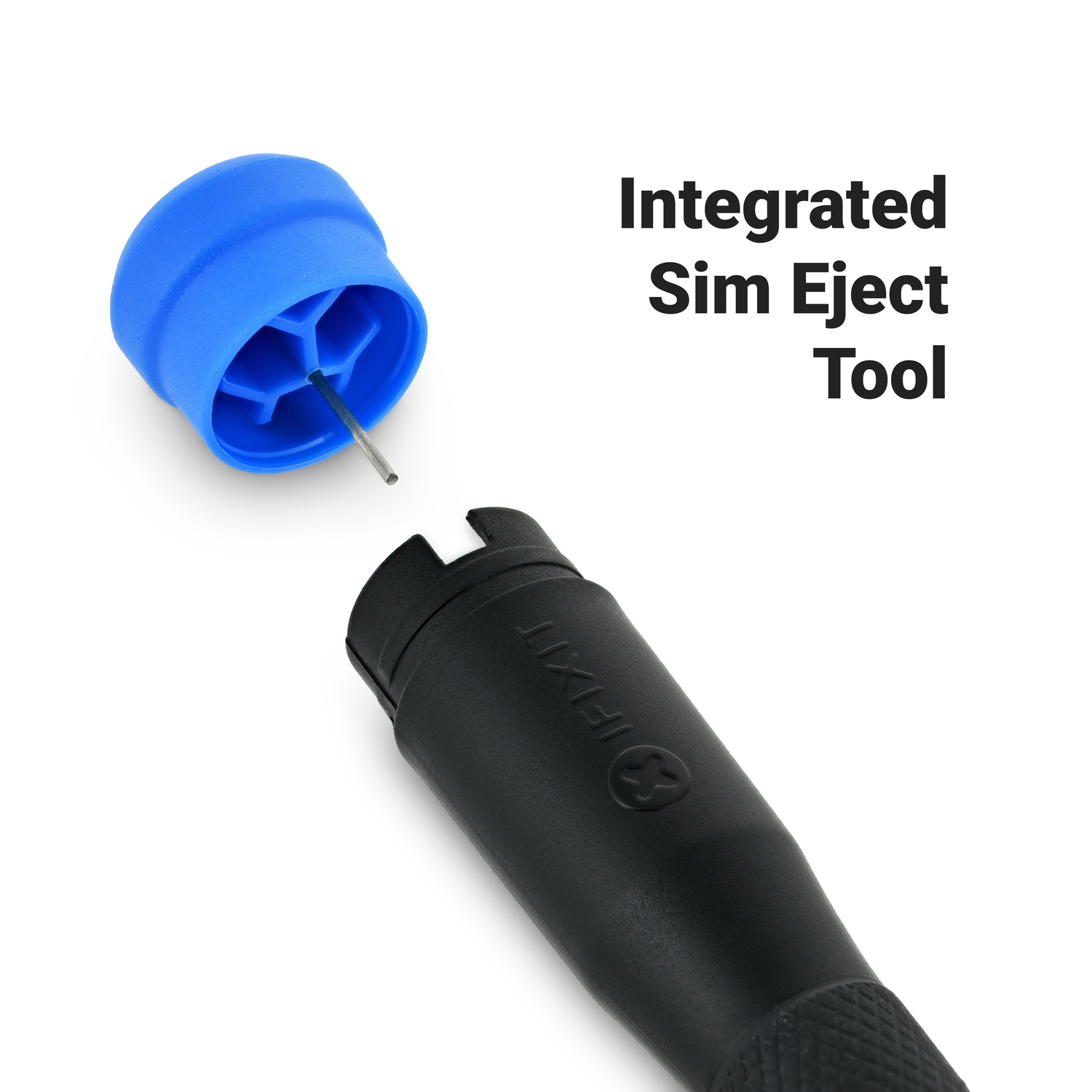 Sim-uitwerptool met een blauwe dop en een metalen pin, tegen een witte achtergrond.