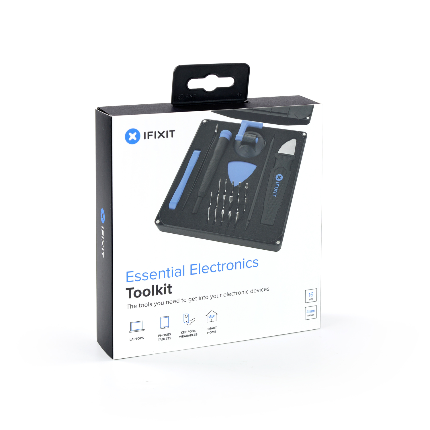 Gereedschapskist met essentiële elektronische tools, waaronder schroevendraaiers en een zuignap.