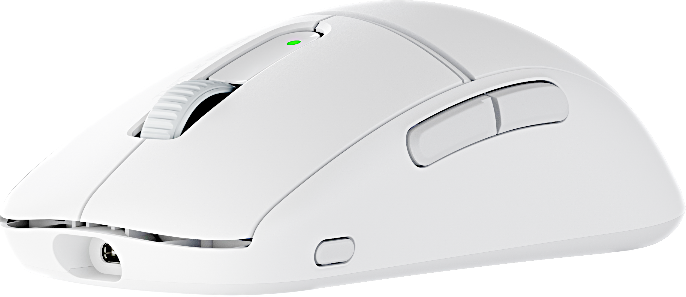 Un mouse per computer wireless bianco con rotella e pulsanti laterali.