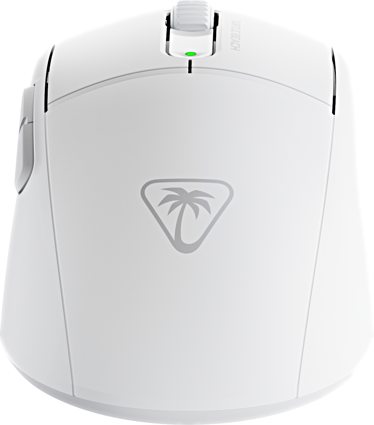 Un mouse da gioco bianco con un logo e una luce verde visto dall'alto.