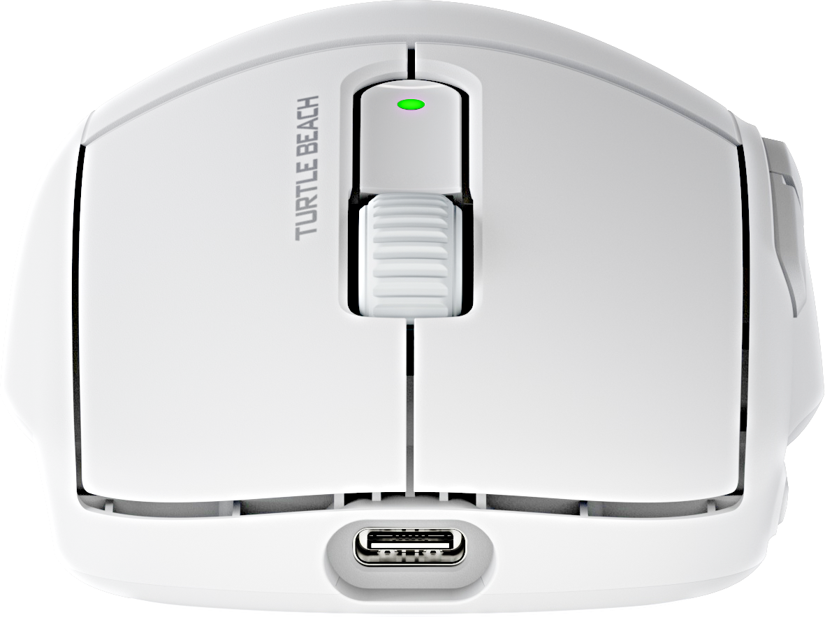 Mouse da gioco bianco con rotella e pulsante.