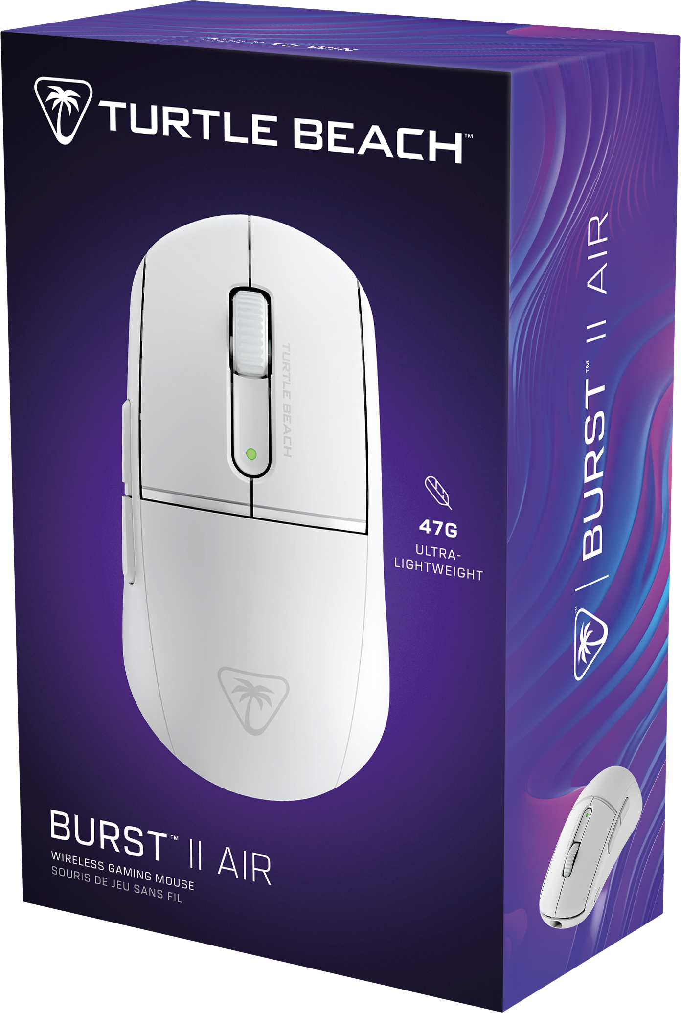 Mouse da gioco bianco in scatola. Scatola viola con testo. Mouse con due pulsanti e rotella.