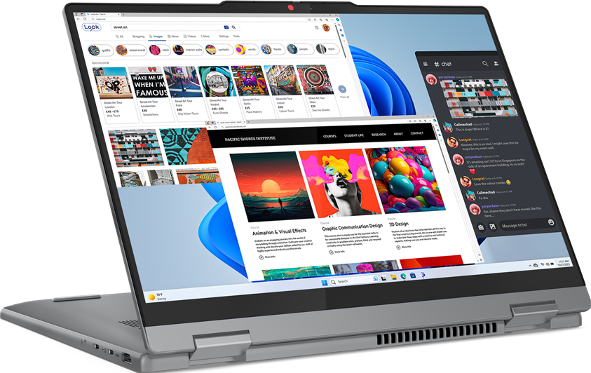Ein Laptop mit mehreren geöffneten Fenstern, darunter Webseiten und eine Chat-Anwendung.
