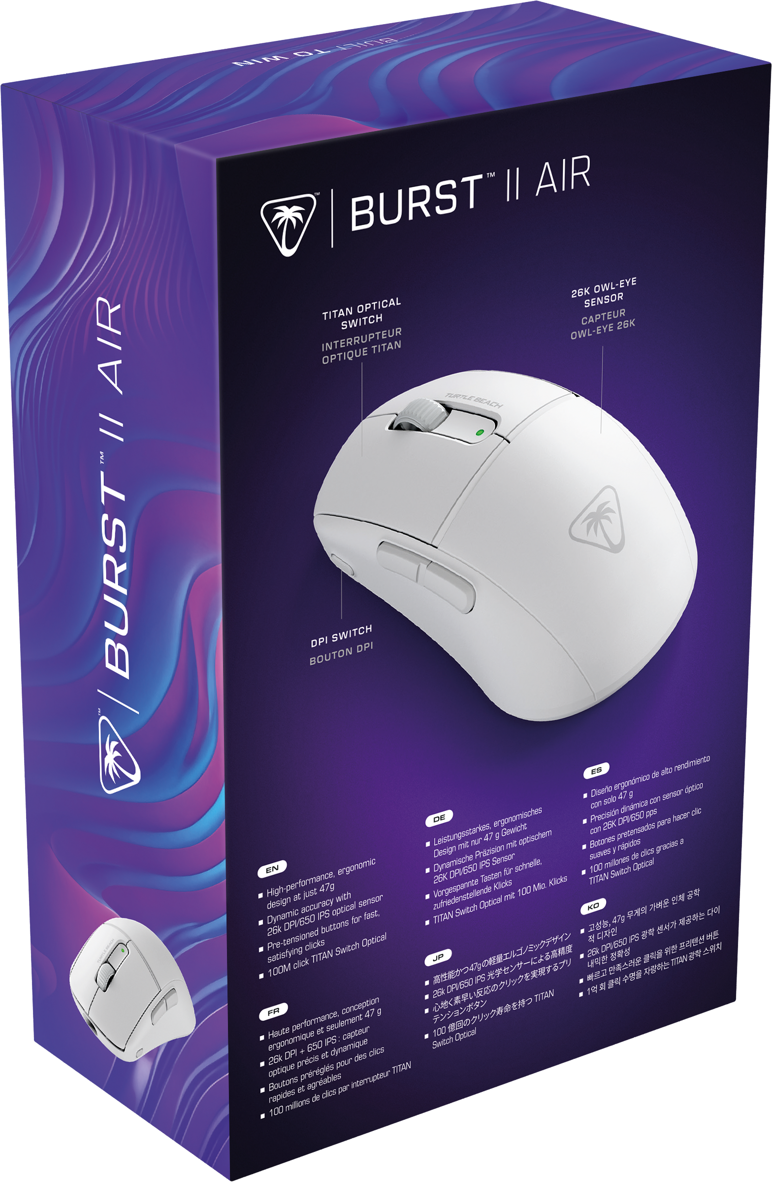 Mouse da gioco bianco su scatola viola. Il mouse ha una rotella di scorrimento nera.