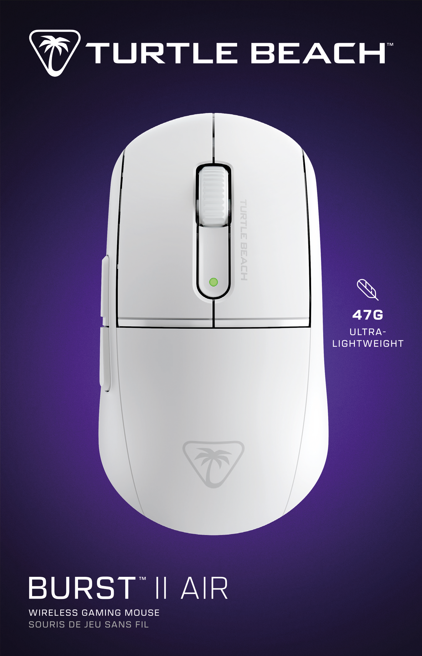 Mouse da gioco bianco, vista dall'alto. Ha un logo Turtle Beach e pulsanti laterali. Sfondo viola.