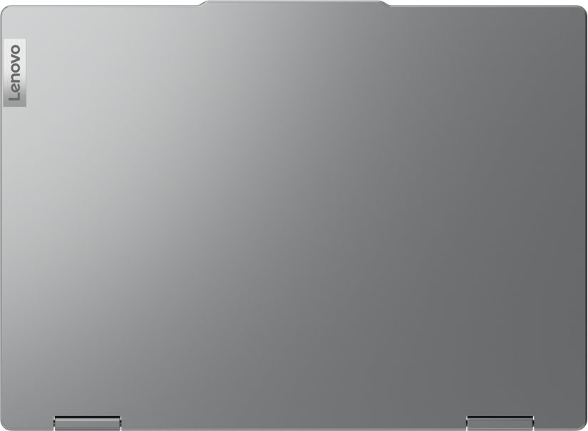 Draufsicht auf einen grauen Laptop. Das Lenovo-Logo befindet sich oben links.