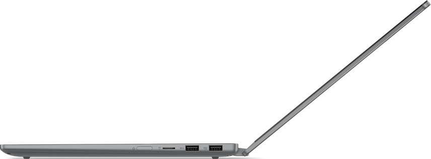 Laptop-Seitenansicht, geöffnet. Silberne Farbe. Schwarzer Hintergrund. Anschlüsse sind sichtbar.
