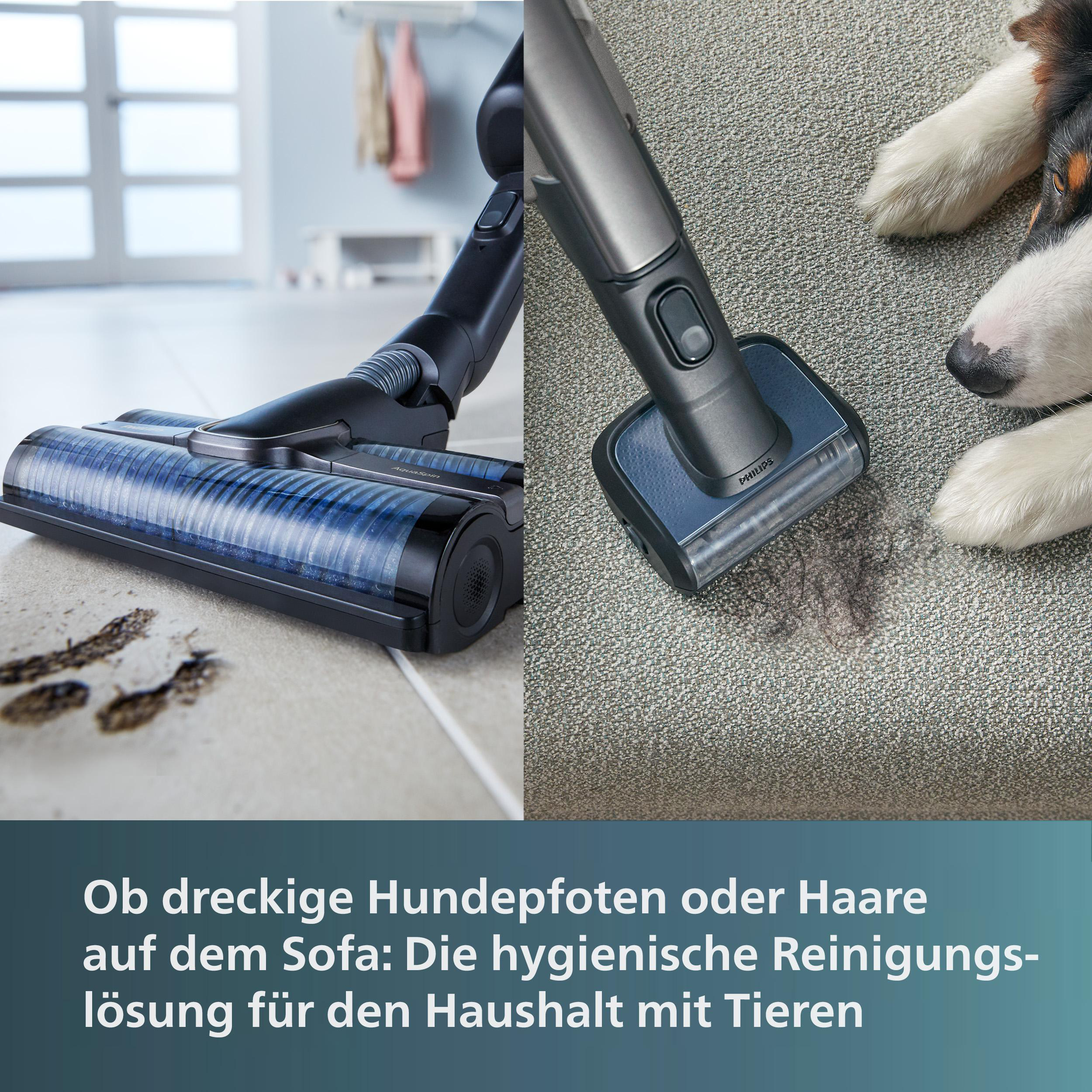 Ein geteiltes Bild, das einen Staubsauger zeigt, der einen Boden und ein Sofa mit einem Hund reinigt.