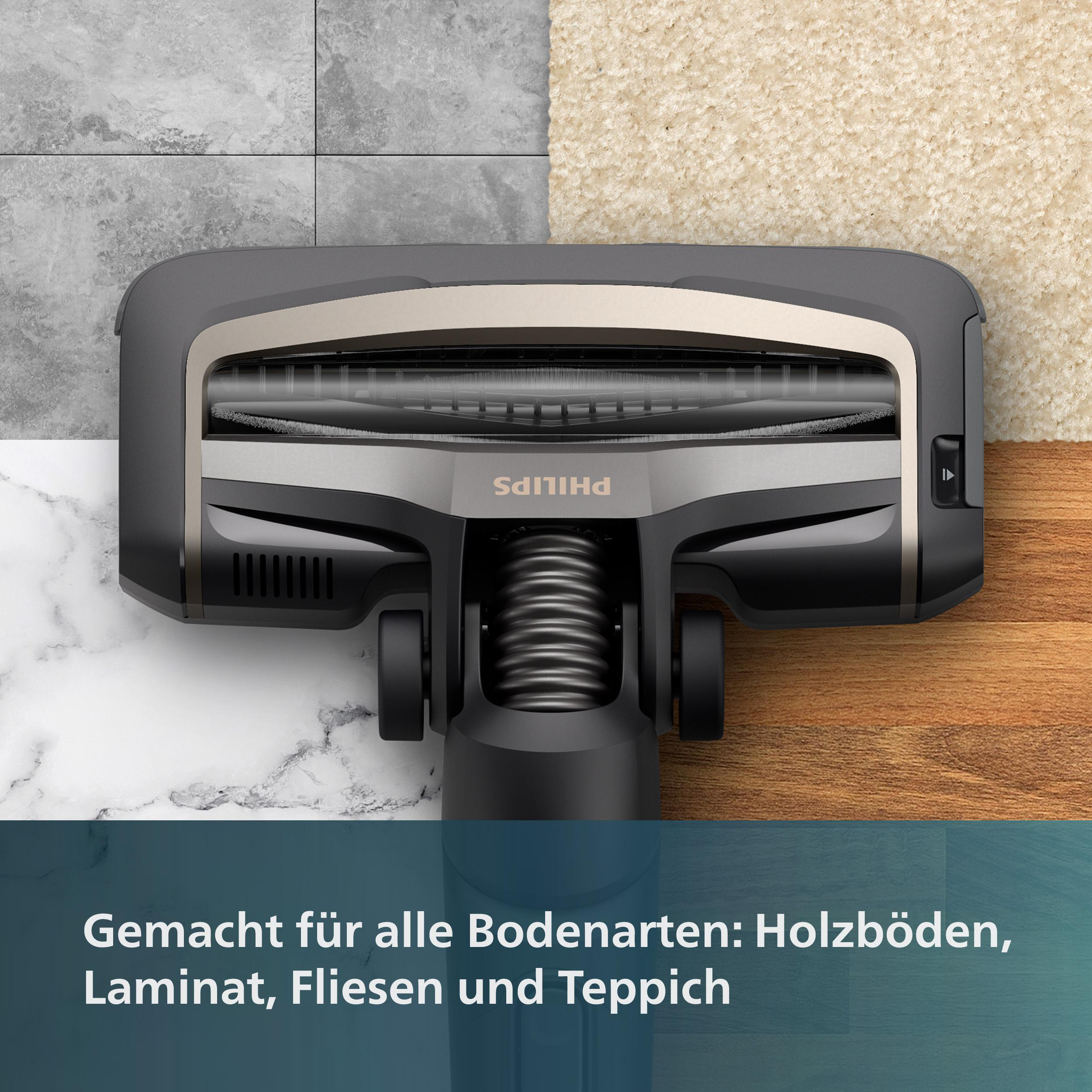 Ein Staubsaugerkopf auf mehreren Bodenoberflächen. Es zeigt verschiedene Texturen: Fliesen, Teppich und Holz.
