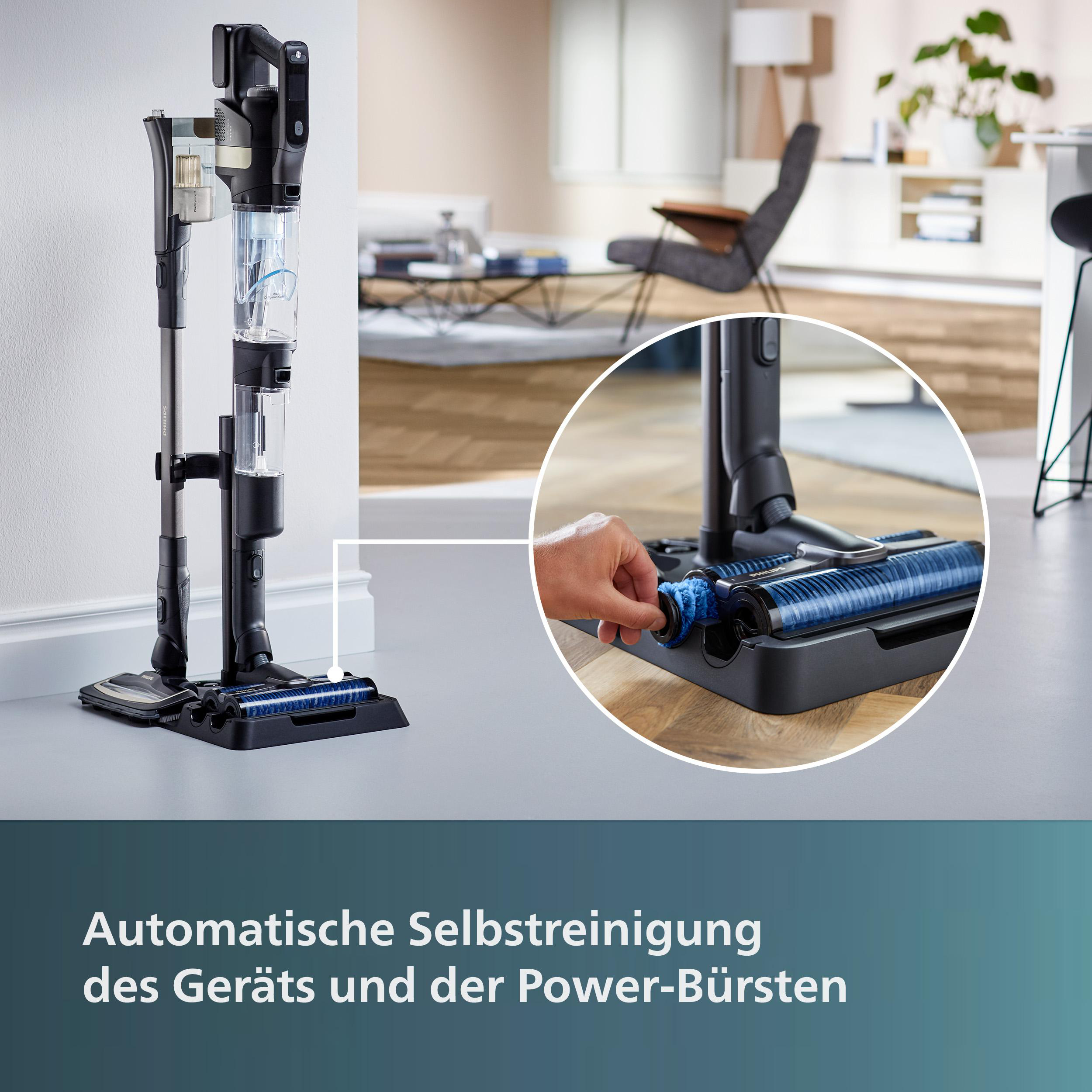 Ein Staubsauger mit dem Hauptteil links und einer Nahaufnahme der Bürste rechts.
