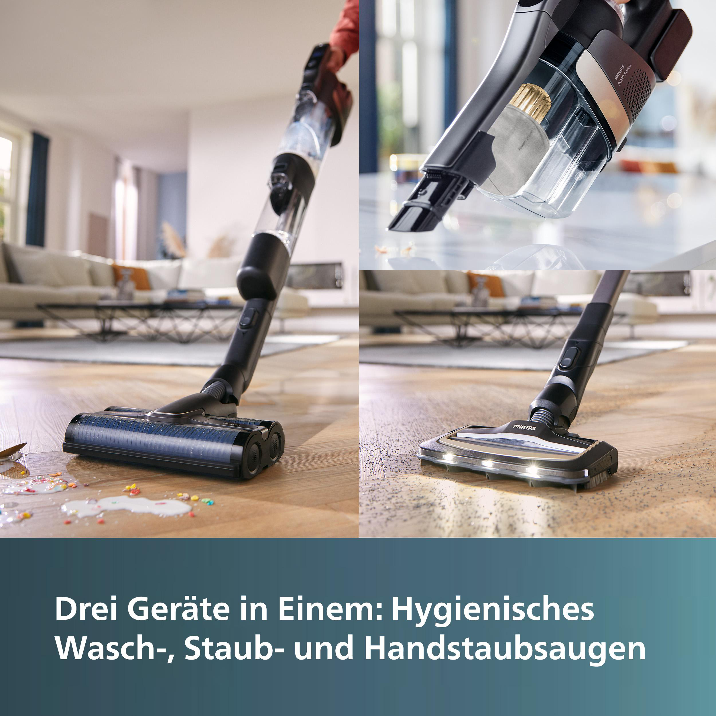 Ein mehrteiliges Bild eines Staubsaugers und seines Zubehörs.