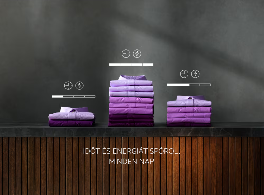 Összehajtott ingek, energia- és idő ikonokkal, sötét felületen.