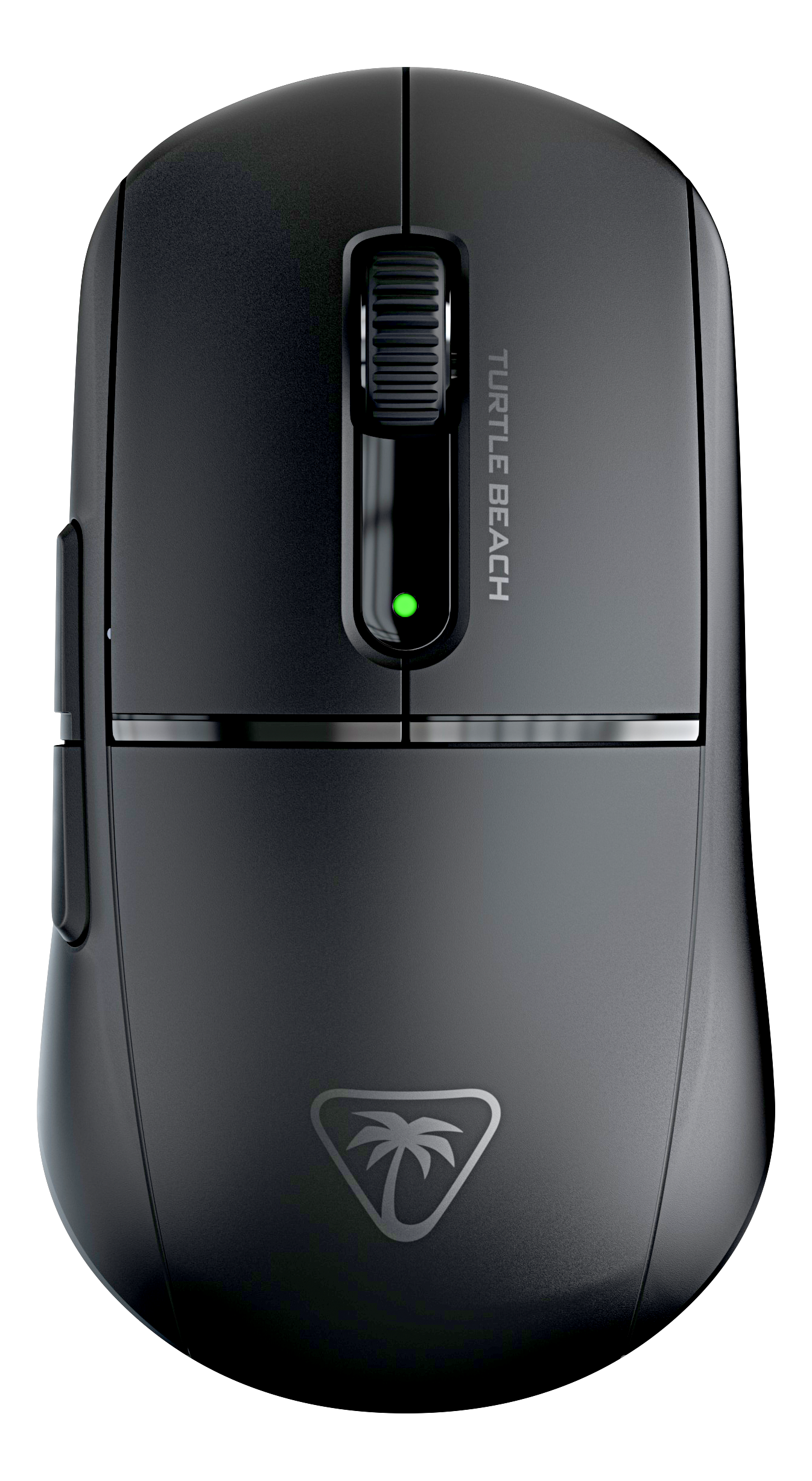 Mouse da gioco nero. Ha una rotella, pulsanti laterali e un logo sul fondo.